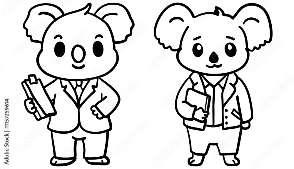 Two cartoon koalas dressed in business suits, one holding a clipboard, exuding a friendly and professional vibe. Two cartoon koalas dressed in business suits, one holding a clipboard, exuding a friendly and professional vibe.