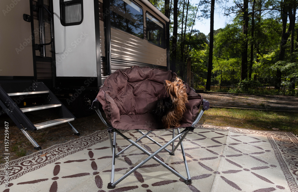 Yorkie watching wildlife in camp