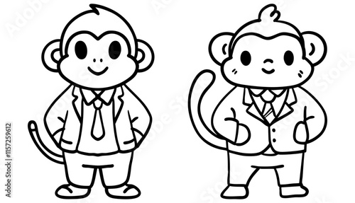 Two cute cartoon monkeys in suits, standing side by side, showcasing an adorable and professional appearance.