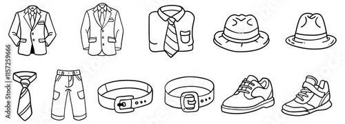 A collection of illustrated clothing items including jackets, shirts, ties, hats, belts, and shoes, showcasing various styles for men's fashion.