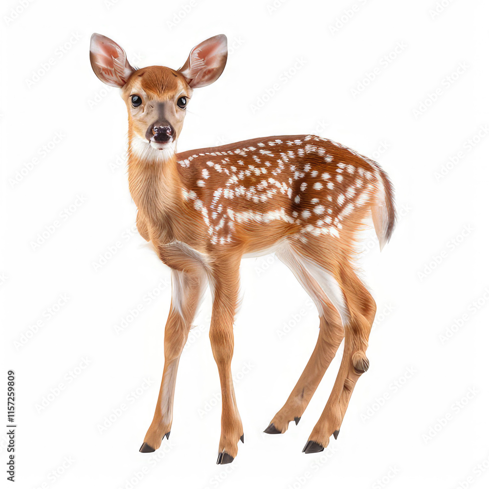 A young fawn with distinctive spots stands gracefully against a white background. A young fawn with distinctive spots stands gracefully against a white background.