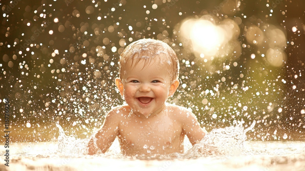 Joyful Baby Splashing in Water with Bright Sunlight and Sparkling Water Droplets Joyful Baby Splashing in Water with Bright Sunlight and Sparkling Water Droplets