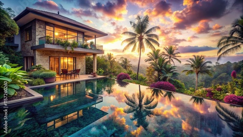 Escape to Bali's paradise: private pool villa, lush garden, captivating double-exposure photos.