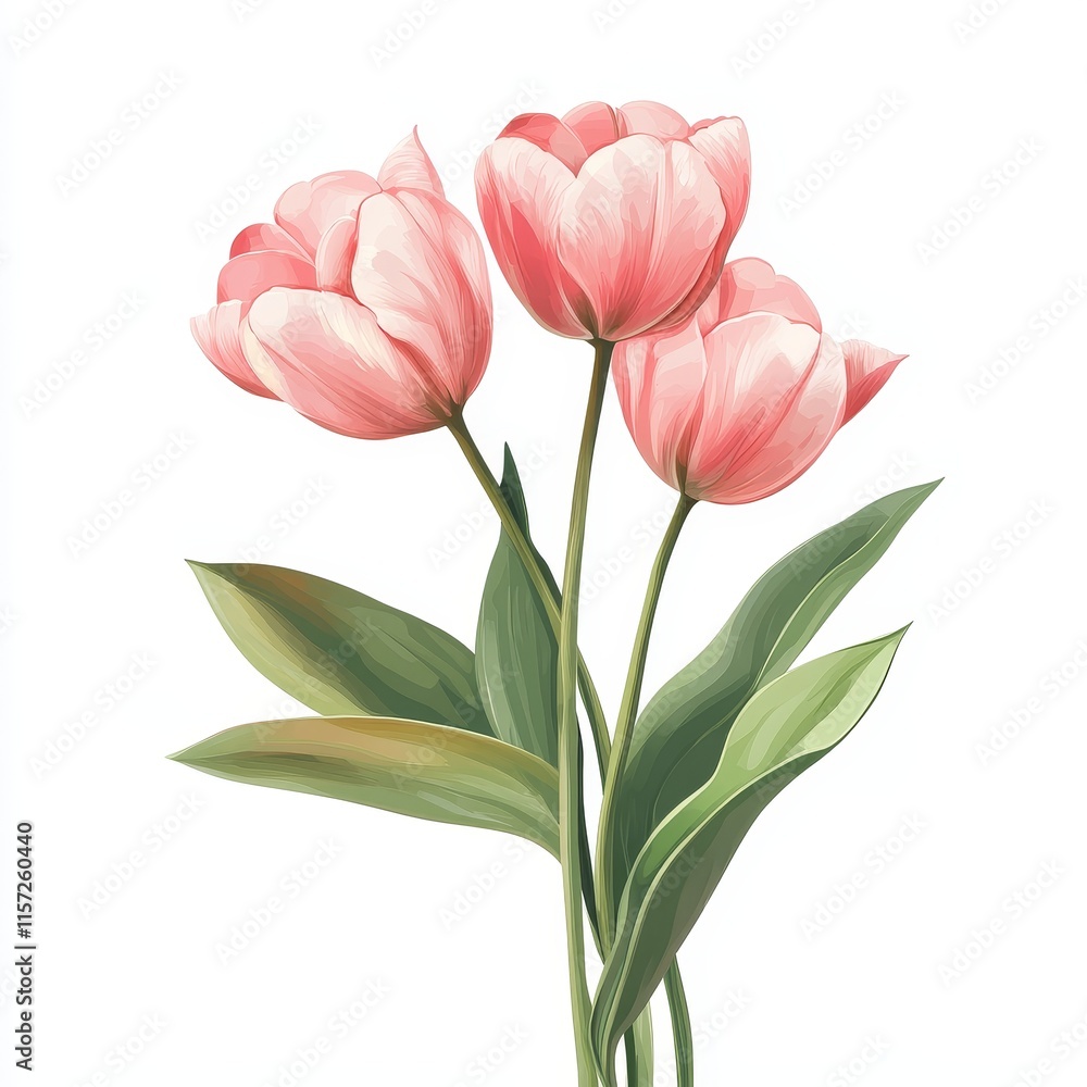 Fototapeta premium Beautiful Pink Tulips Arranged With Green Leaves Create a Vibrant Display Suitable for Spring Decor or Floral Design Inspiration