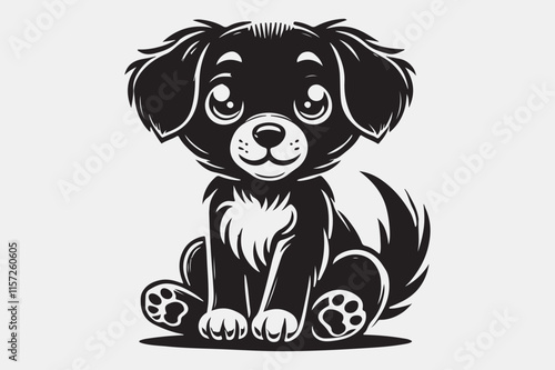 A stylized black and white silhouette of a puppy sitting.