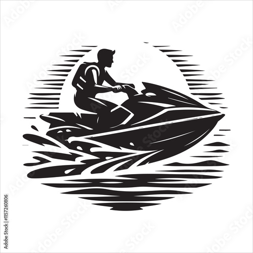 Jet ski silhouette vector. A person riding a jet ski vector. Jet ski silhouette illustration