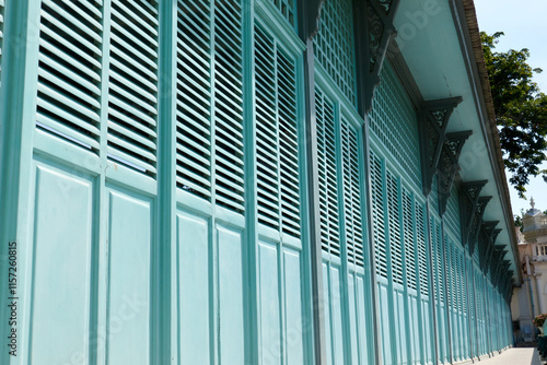 Light green antique wooden folding door wall at the ancient building.