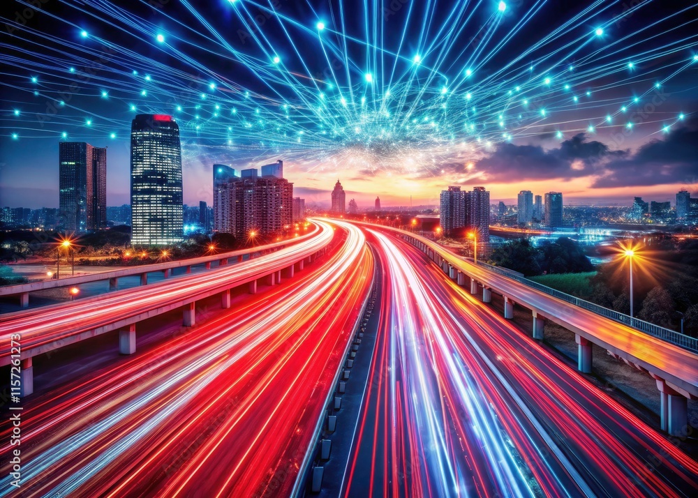 Fototapeta premium Red light trails mark the path on a high-speed digital highway, powered by glowing binary code.