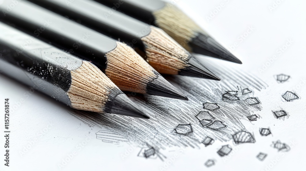 Close-up of four sharpened black pencils on white paper, leaving graphite marks. Close-up of four sharpened black pencils on white paper, leaving graphite marks.