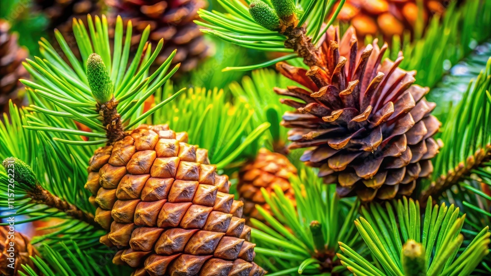 Fototapeta premium Rough pine bark, detailed cones, and rich forest imagery in a captivating close-up.