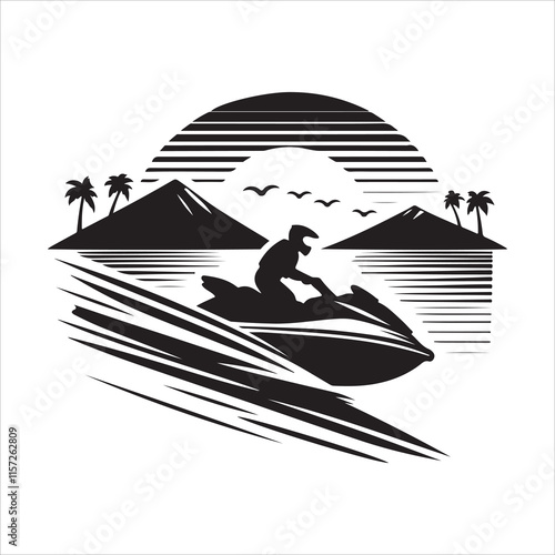 Jet ski silhouette vector. A person riding a jet ski vector. Jet ski silhouette illustration