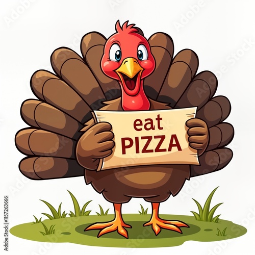 Funny cartoon turkey stands on grass holding sign says EAT PIZZA. Cute turkey advertising pizza. Possible for food blog restaurant promotion. Thanksgiving theme funny animal concepts. Food-related photo