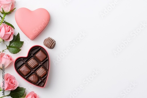 Elegant Valentine chocolates in a heart-shaped box accompanied by soft roses, leaving room for a message.