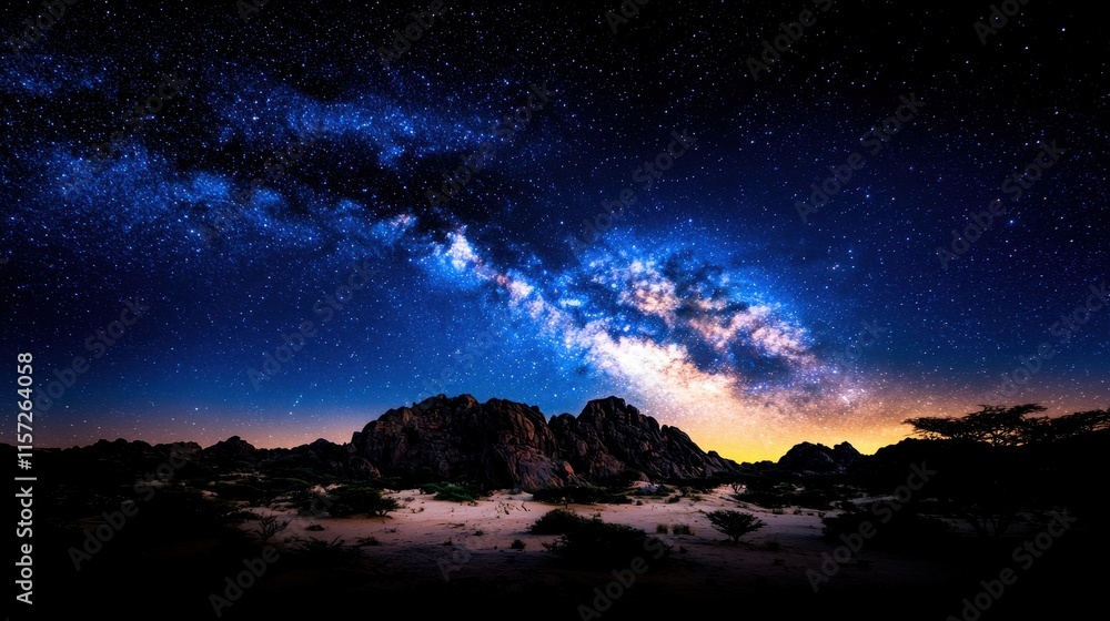 Obraz premium Stunning Milky Way Over Desert Landscape With Rocky Formations Under Night Sky