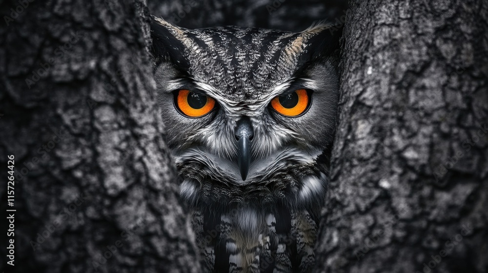 Owl with striking orange eyes perched between tree trunks Owl with striking orange eyes perched between tree trunks