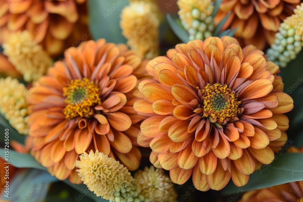 A close-up photograph capturing the rich details of vibrant orange and yellow zinnia flowers surrounded by soft yellow buds, highlighting their natural beauty.