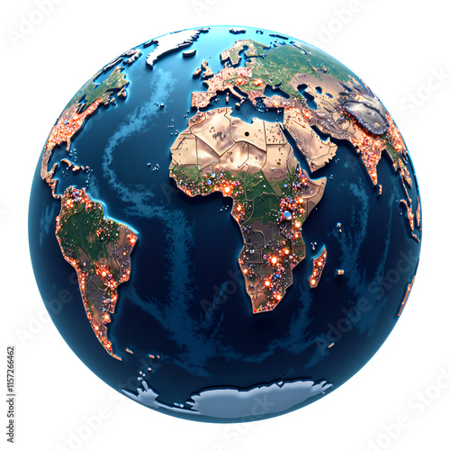 Vibrant earth  a stunning 3d representation of our world filled with illuminated landmarks and natural beauty, 3d rendering of abstract world map concept. photo