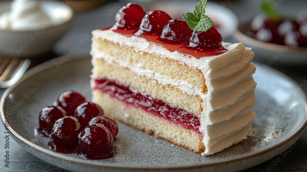 Delicious slice of layered vanilla cake with cherry filling and whipped cream. Delicious slice of layered vanilla cake with cherry filling and whipped cream.