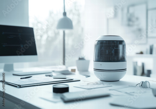 Sleek prototype of a gadget displaying technical schematics in a modern office setting photo