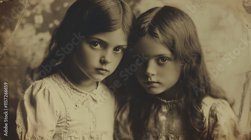 Old photograph of two young dark-haired, suntanned, Texas, brown-eyed girls about ages 7 and 8 playing photo