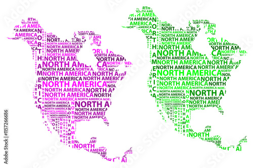 Sketch North America letter text continent, North America word - in the shape of the continent, Map of continent North America - green and purple (violet) vector illustration