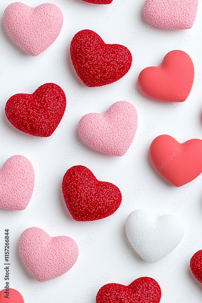 A flat lay of Valentine's Day background featuring red and pink hearts on a white backdrop. A flat lay of Valentine's Day background featuring red and pink hearts on a white backdrop.