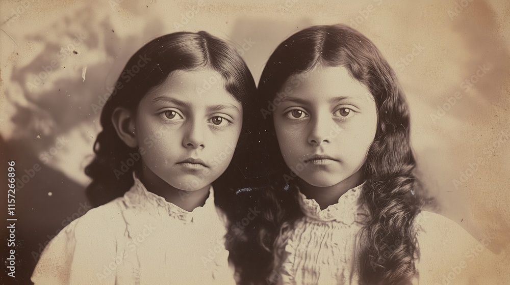 Old photograph of two young dark-haired, suntanned, Texas, brown-eyed girls about ages 7 and 8 playing Old photograph of two young dark-haired, suntanned, Texas, brown-eyed girls about ages 7 and 8 playing