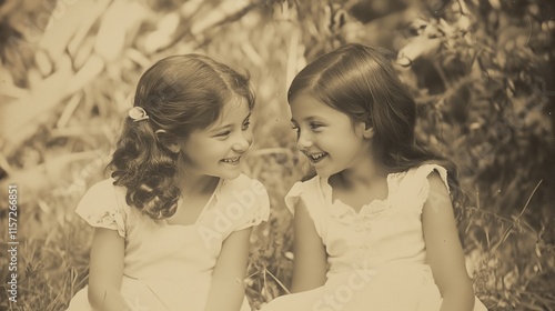 Old photograph of two young dark-haired, suntanned, Texas, brown-eyed girls about ages 7 and 8 playing photo