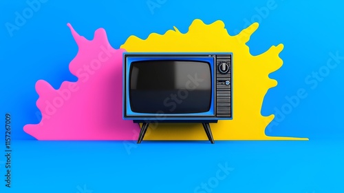 A retro television graphic design featuring a VHS digital pattern and a pixel texture background. An overlay of signal error with distortion line art and a wide speed rewind effect. photo