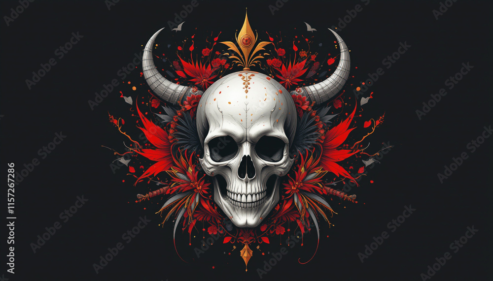 Stylized skull with black, white, red and gold decoration Stylized skull with black, white, red and gold decoration