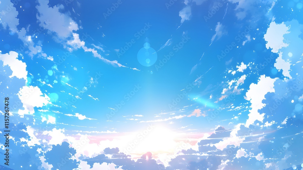 Scenic sky filled with fluffy clouds and a shining sun, bright sunny anime background