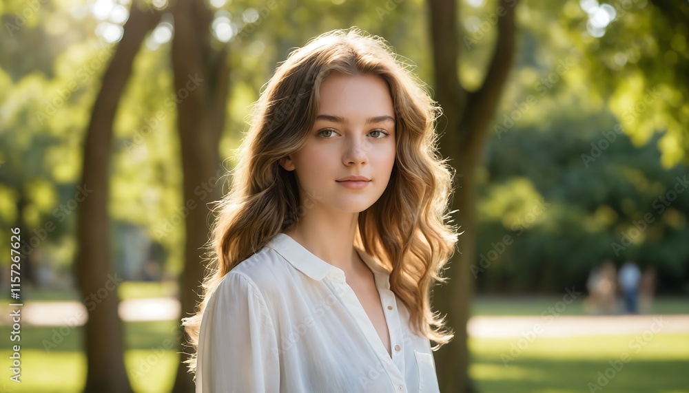 Natural Beauty Portrait of Young Girl in White Blouse and Denim Jeans in Sunlit Park Generative AI Natural Beauty Portrait of Young Girl in White Blouse and Denim Jeans in Sunlit Park Generative AI