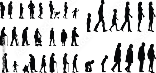 Print  Human in different ages. Set of black  of man and woman at different stages of growing up, from baby to elderly person. Flat vector illustration collection isolated on white background