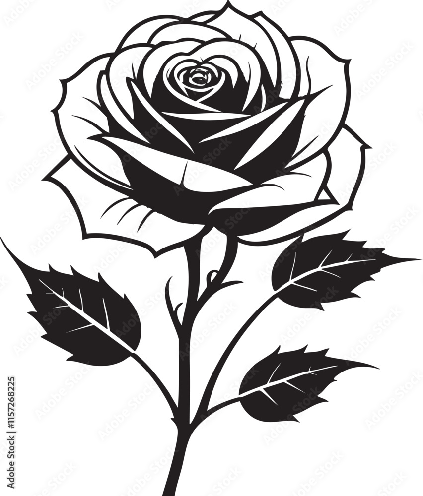Fototapeta premium Black and white silhouette of a rose flower on white background