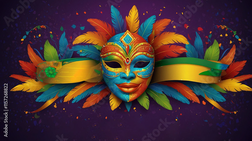 Póster colorido de carnaval con máscara con plumas  multicolores, perfecto para proyectos gráficos y temas de festividades para carnaval photo