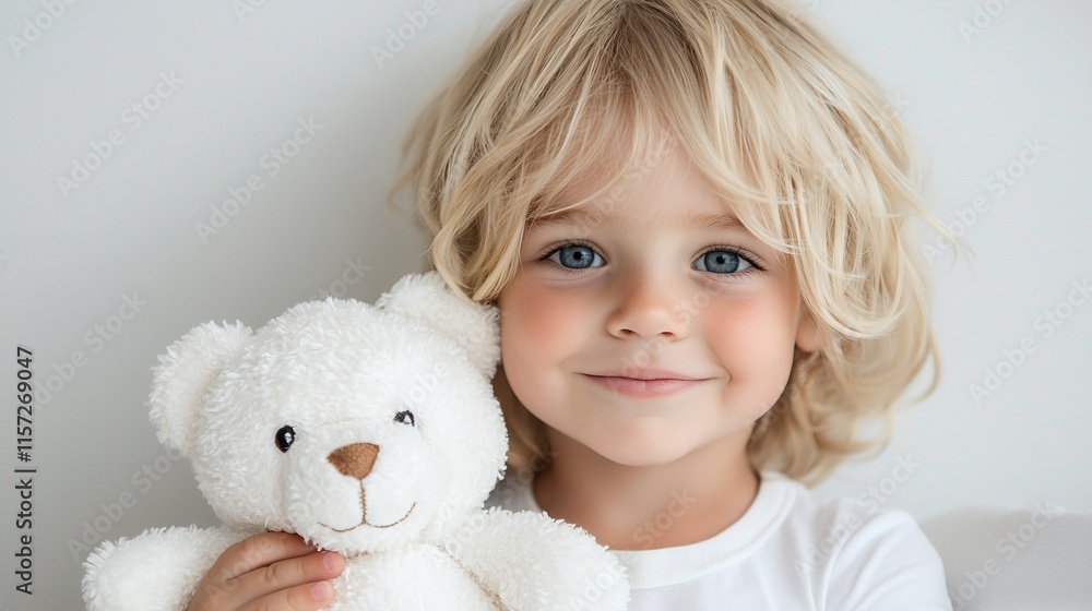 Adorable toddler with blonde hair and blue eyes holding a white teddy bear. Adorable toddler with blonde hair and blue eyes holding a white teddy bear.