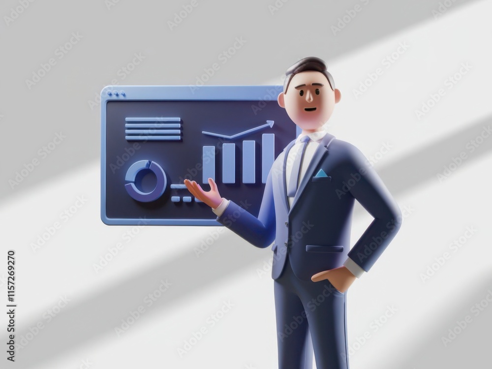 Professional Cartoon Character Presenting a Financial Growth Chart in a Stylish Suit Professional Cartoon Character Presenting a Financial Growth Chart in a Stylish Suit