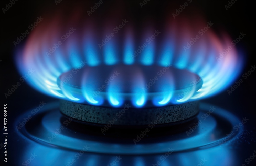 Close up view of gas stove burner. Vivid blue flames illuminate dark background. Natural gas ignites in cooker burner. Cooking concept. Kitchen appliance. Energy source. Home appliances. Fuel. Heat Close up view of gas stove burner. Vivid blue flames illuminate dark background. Natural gas ignites in cooker burner. Cooking concept. Kitchen appliance. Energy source. Home appliances. Fuel. Heat