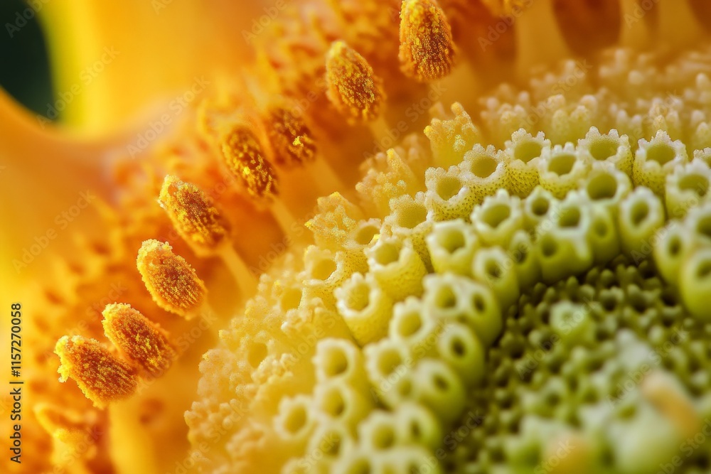 Macro image capturing the vibrant yellow center of a flower, emphasizing the radiant stamens and pistils, offering a glimpse into the perfection of floral architecture. Macro image capturing the vibrant yellow center of a flower, emphasizing the radiant stamens and pistils, offering a glimpse into the perfection of floral architecture.