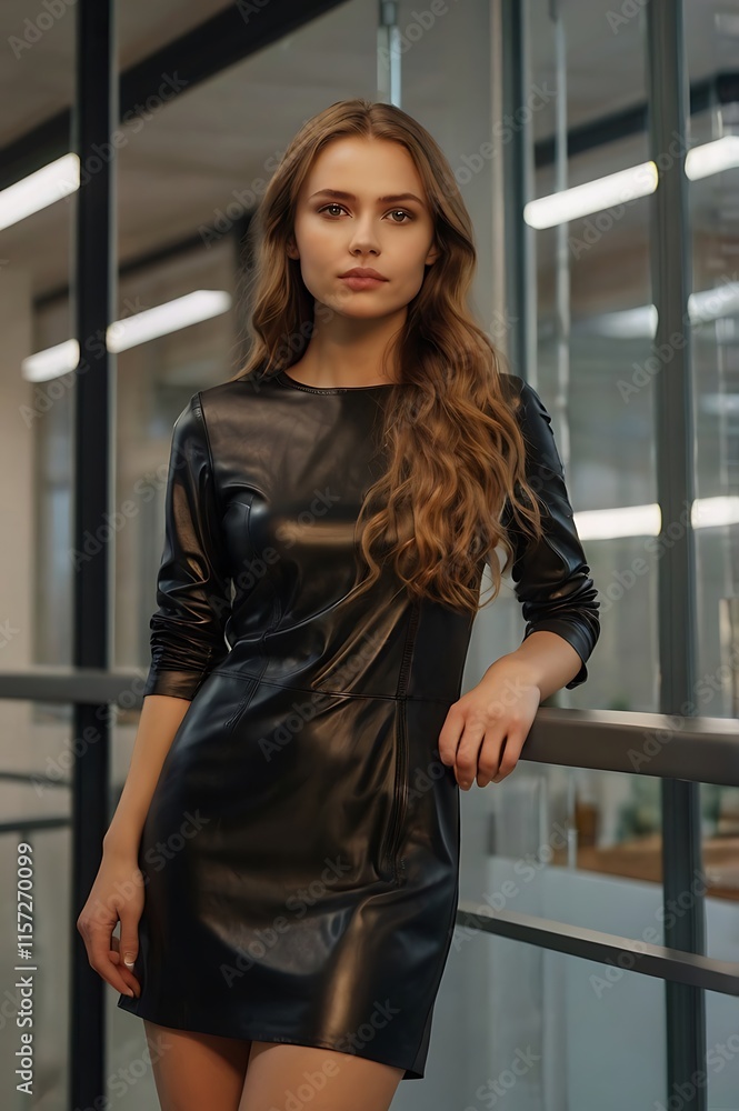 Elegance in black confident and poised in a sleek leather dress Elegance in black confident and poised in a sleek leather dress