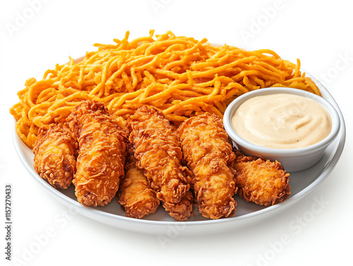 Delicious fried chicken strips served with vibrant orange noodles and a creamy dipping sauce for a mouthwatering meal. photo