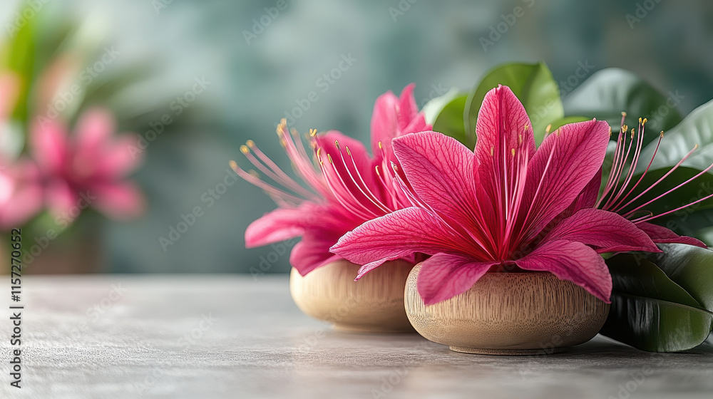 Beautiful pink flowers in decorative bowls with lush green leaves, creating a serene and elegant atmosphere perfect for home decor or spa settings Beautiful pink flowers in decorative bowls with lush green leaves, creating a serene and elegant atmosphere perfect for home decor or spa settings