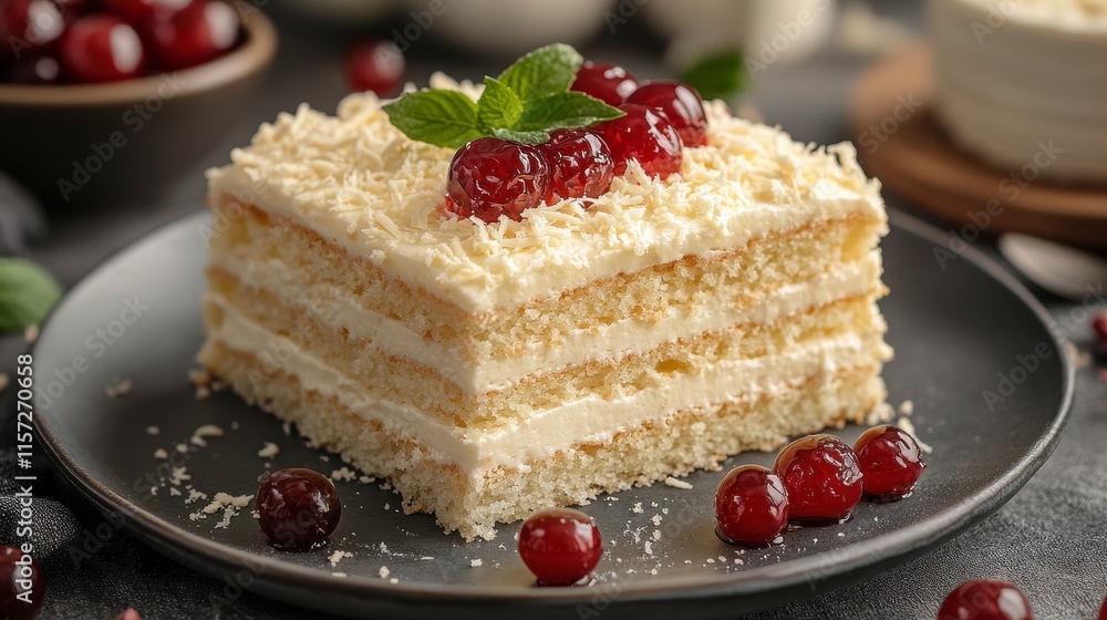 Delicious white chocolate cake layered with creamy filling, topped with cranberries and white chocolate shavings, served on a dark plate. Delicious white chocolate cake layered with creamy filling, topped with cranberries and white chocolate shavings, served on a dark plate.