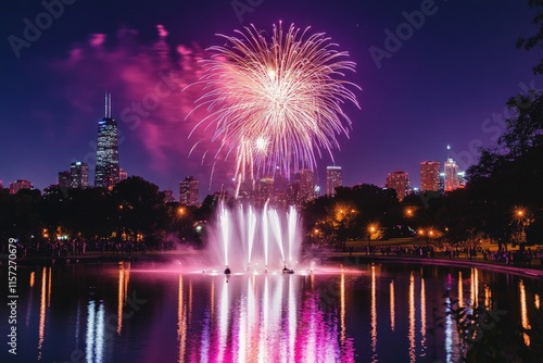 A dramatic urban scene with a vibrant display of fireworks lighting up the night sky, reflecting on a city pond, with skyscrapers creating an impressive backdrop. photo