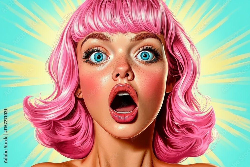 Digital illustration young woman pink hair blue eyes vibrant pop art portrait Digital illustration young woman pink hair blue eyes vibrant pop art portrait