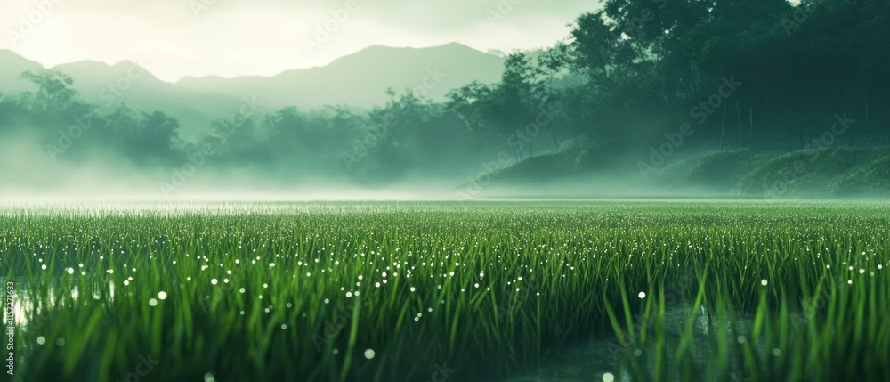 Fototapeta premium Natural landscape image with rice fields at the foot of the mountains. The rice fields are fresh green, background wallpaper AI generated image
