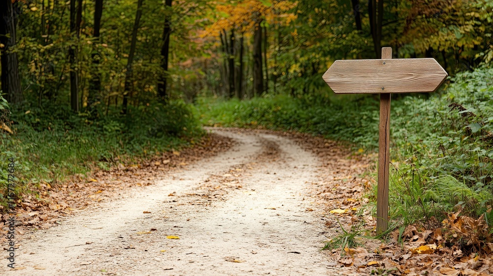 A wooden signpost marking trails along a vibrant sunlit path, blending perfectly with the natural forest environment A wooden signpost marking trails along a vibrant sunlit path, blending perfectly with the natural forest environment
