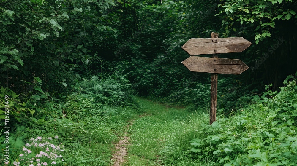 A wooden signpost marking trails along a vibrant sunlit path, blending perfectly with the natural forest environment A wooden signpost marking trails along a vibrant sunlit path, blending perfectly with the natural forest environment