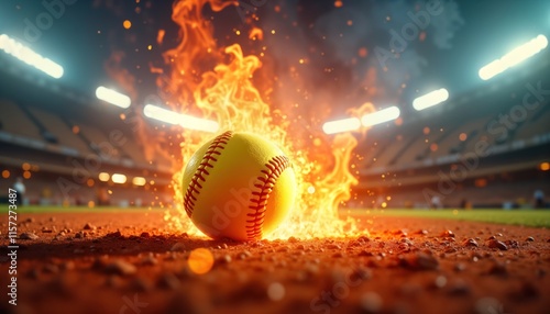 Fiery softball ignites stadium. Dramatic sport action. Passionate game under stadium lights. Exciting play on baseball field. Intense moment of match. Powerful shot. Championship level competition. photo