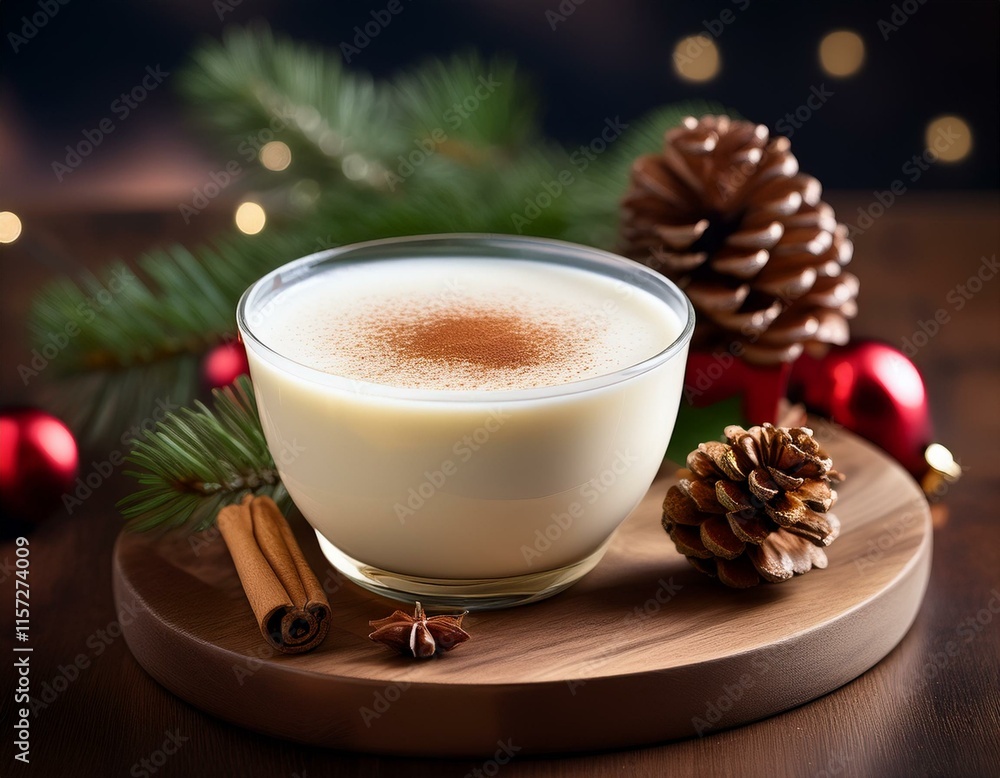 steaming cup of eggnog with a sprinkle of cinnamon with a pinecone and a sprig of holly steaming cup of eggnog with a sprinkle of cinnamon with a pinecone and a sprig of holly